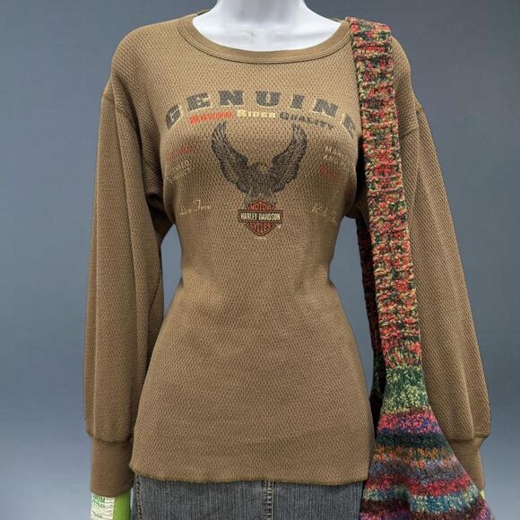 Vintage 90s Harley Davidson Thermal Long Sleeve Shirt Eagle Logo USA Made - Picture 1 of 7